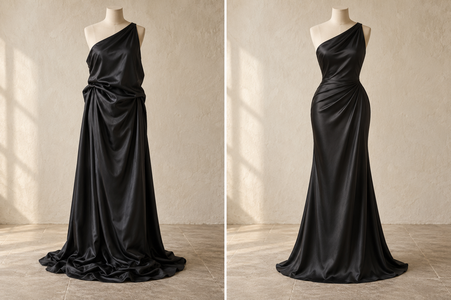 AI concept: refined black satin gown with a sculpted waist and balanced hem